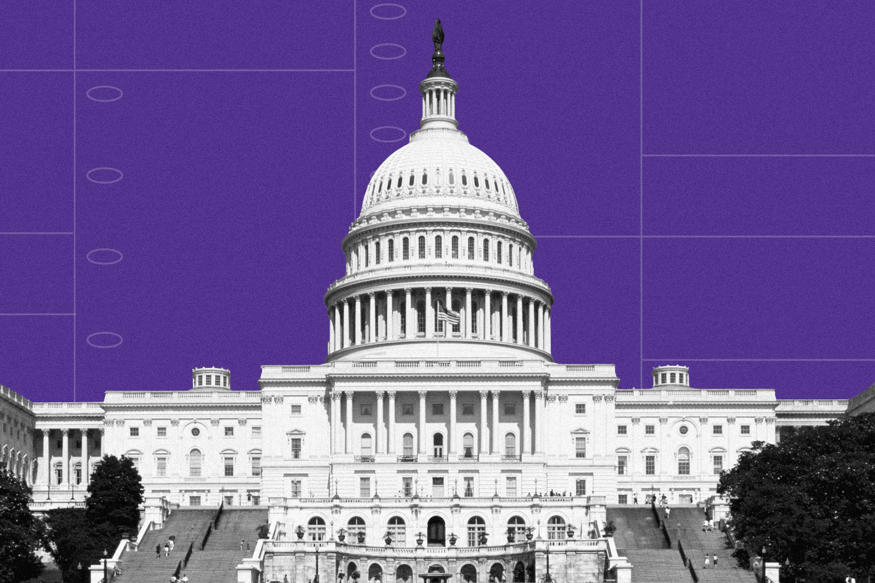 Photocollage of the U.S. Capitol on a purple background.