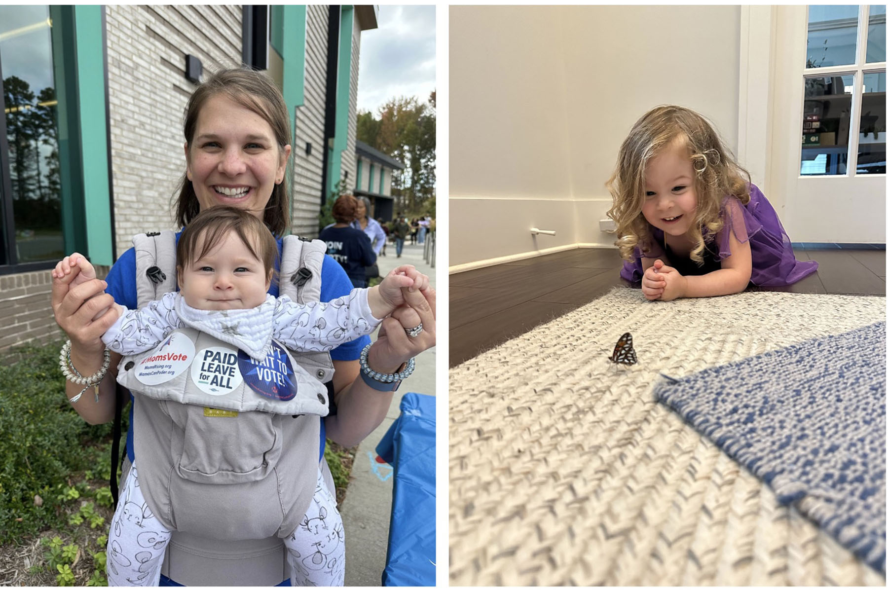 diptych of Cara Ross holds her baby in a voting line (left) and Carris Ross's daughter smiling as she look at a buttferly at their home.