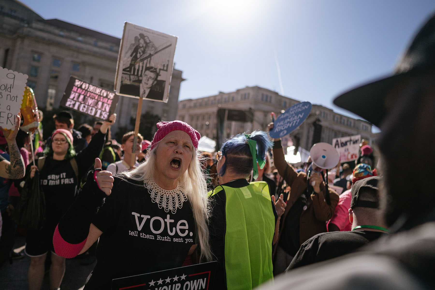 A protestor shouts at counterprotestors at the the Women's March in Washington, D.C.