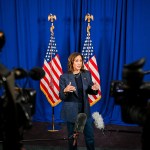 Vice President Kamala Harris speaks during a press conference in Detroit, Michigan.