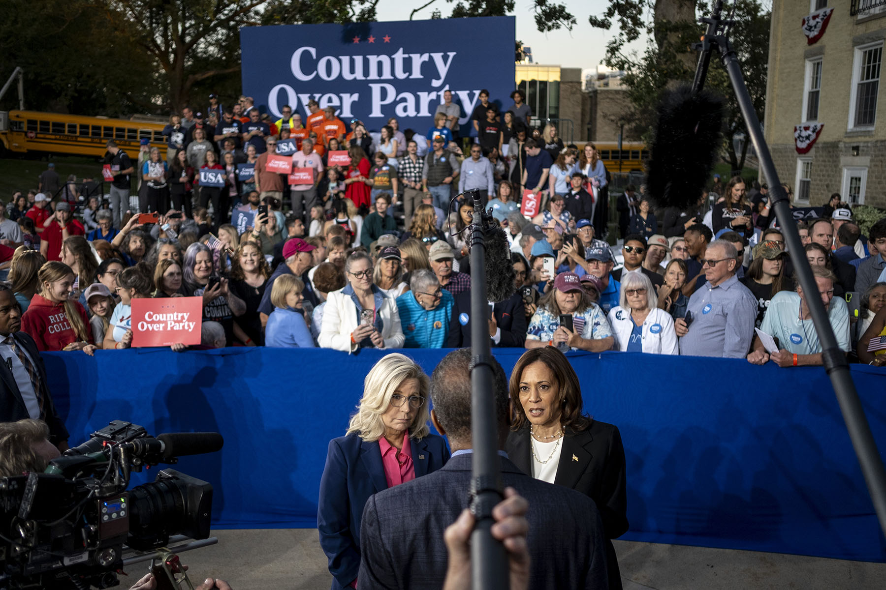 Former Republican Congresswoman Liz Cheney and Vice President Kamala Harris are interviewed after a campaign event at Ripon College.