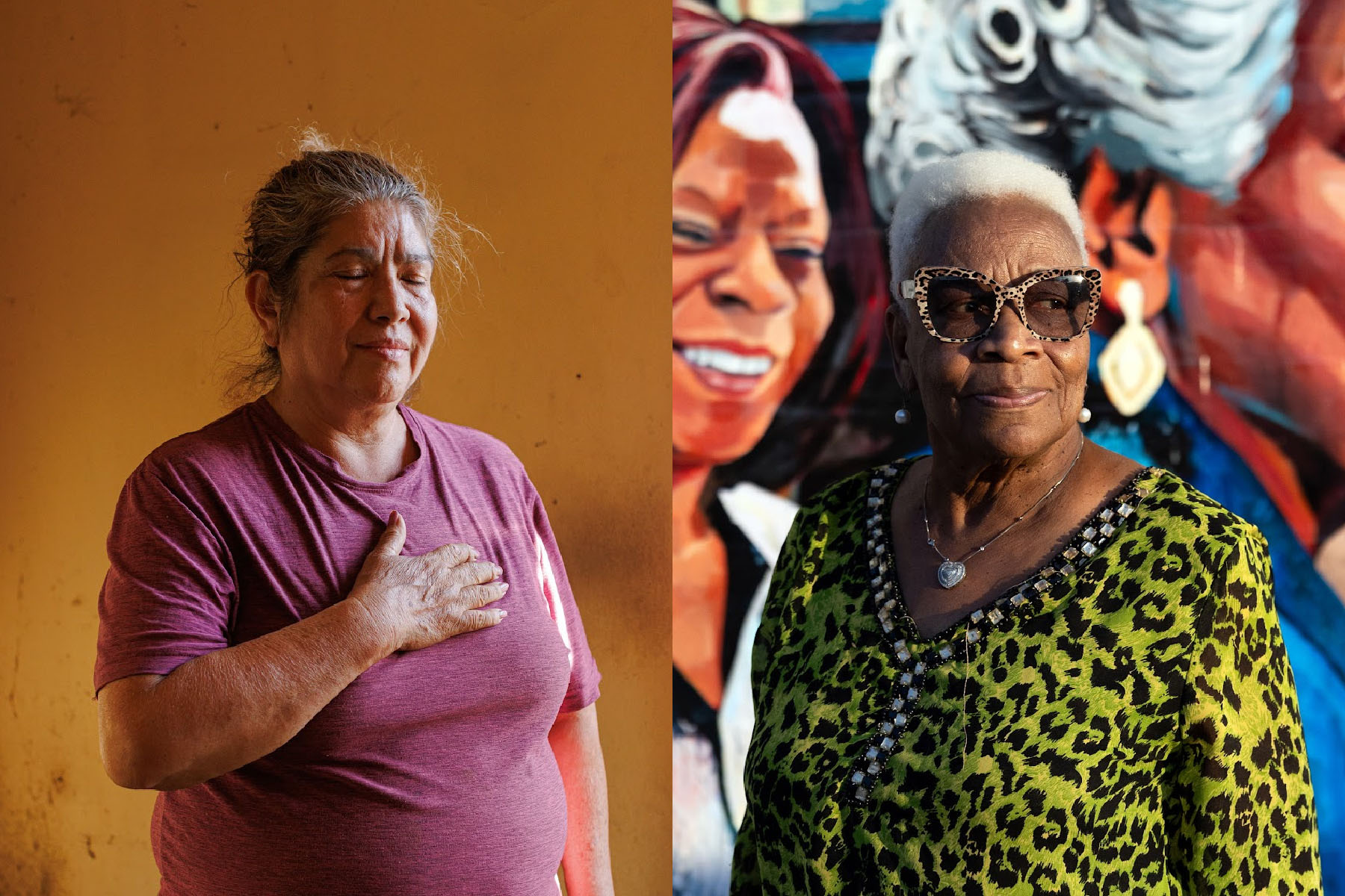 Side-by-side portraits of two women. On the left, a woman with gray hair tied back, wearing a maroon top, closes her eyes and places her hand on her chest. On the right, a woman with short white hair and animal-print glasses stands in front of a mural, dressed in a green and black leopard-print blouse, looking thoughtfully into the distance.