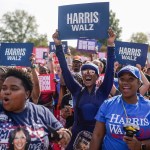 Supporters cheer as Vice President Kamala Harris speaks during a campaign rally in Atlanta.