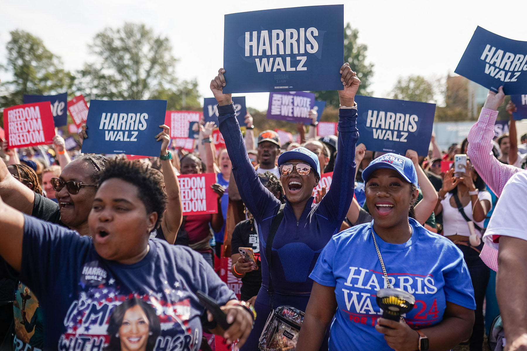 Supporters cheer as Vice President Kamala Harris speaks during a campaign rally in Atlanta.