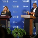 State Superintendent candidates Michele Morrow (left) and Mo Green participate debate at the Heart Institute at East Carolina University.