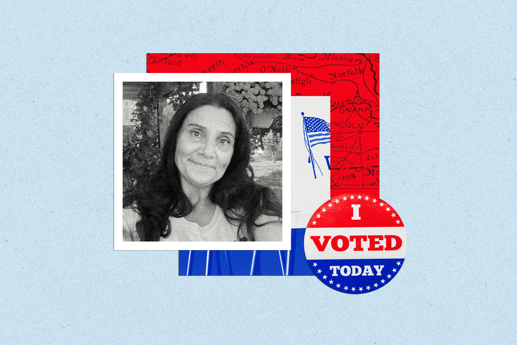 A photocollage showing a selfie of Angela Pluta, an "i voted" sticker and a map of Nebraska.