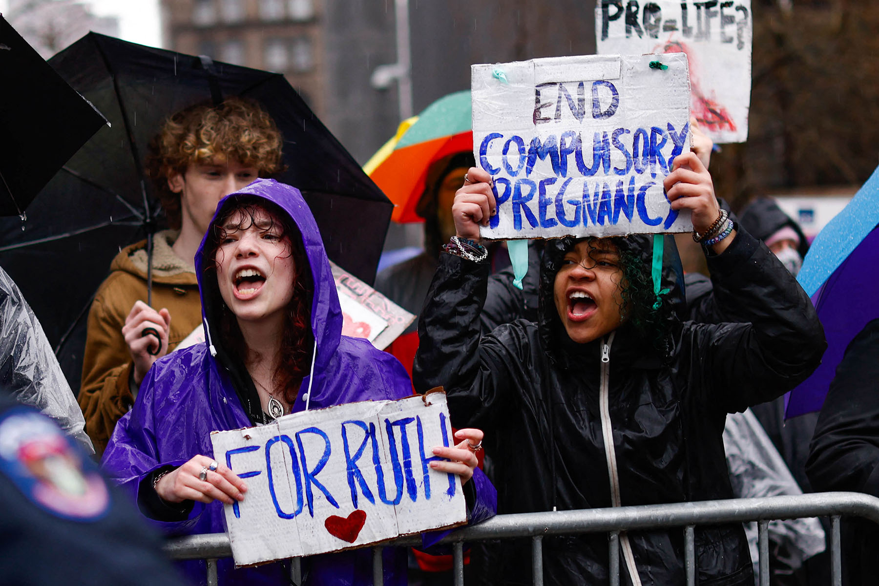 Abortion rights activists hold signs that read "End Compulsory Pregnancy" and "For Ruth" that in New York City.