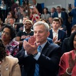 North Carolina Attorney General Josh Stein claps as Vice President Kamala Harris speaks in Raleigh, North Carolina.