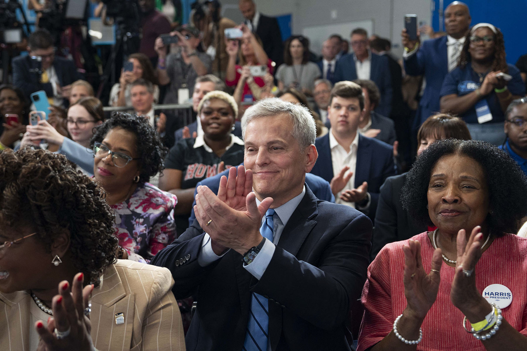 North Carolina Attorney General Josh Stein claps as Vice President Kamala Harris speaks in Raleigh, North Carolina.