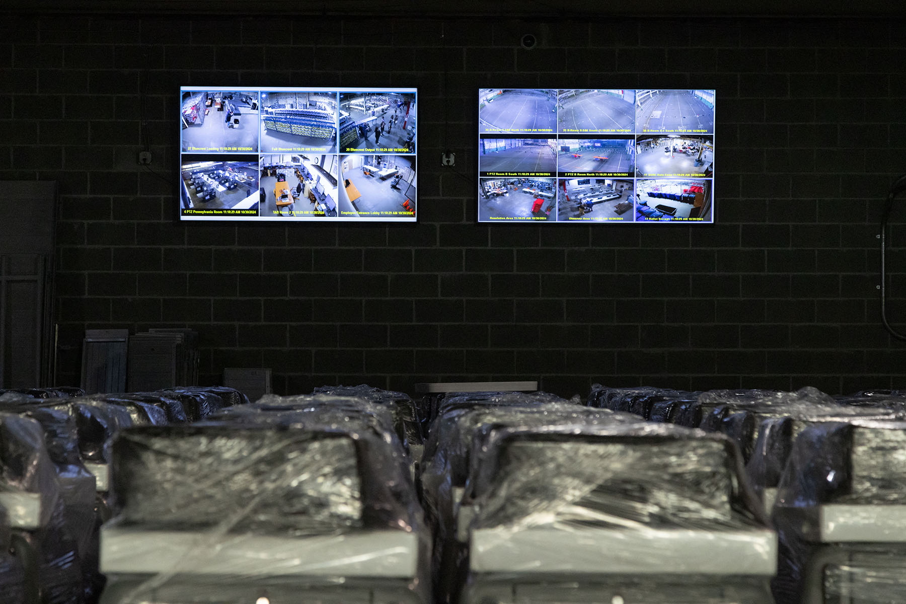 Security monitors display locations throughout the Allegheny County elections warehouse.