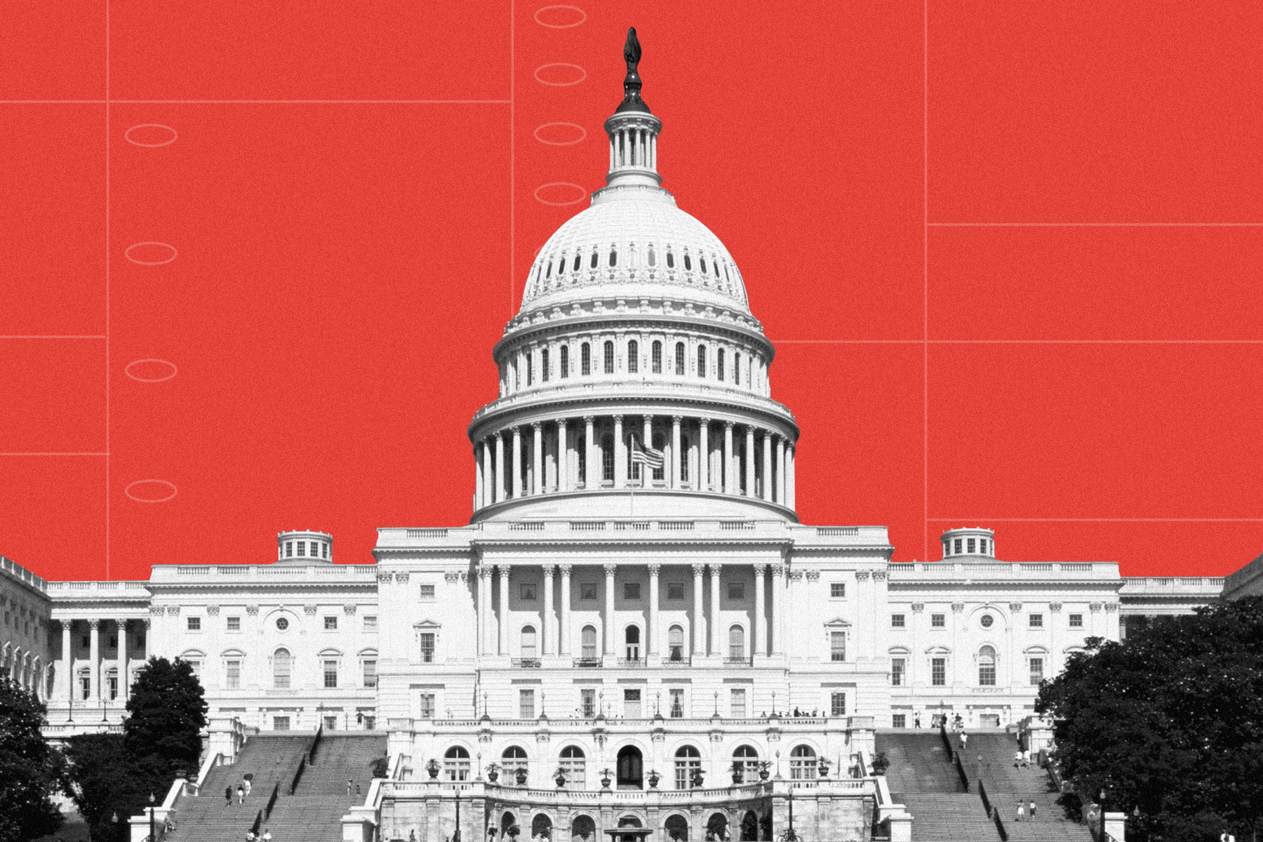 Photocollage of the U.S. Capitol on a red background.