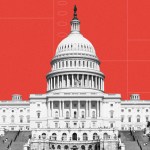 Photocollage of the U.S. Capitol on a red background.