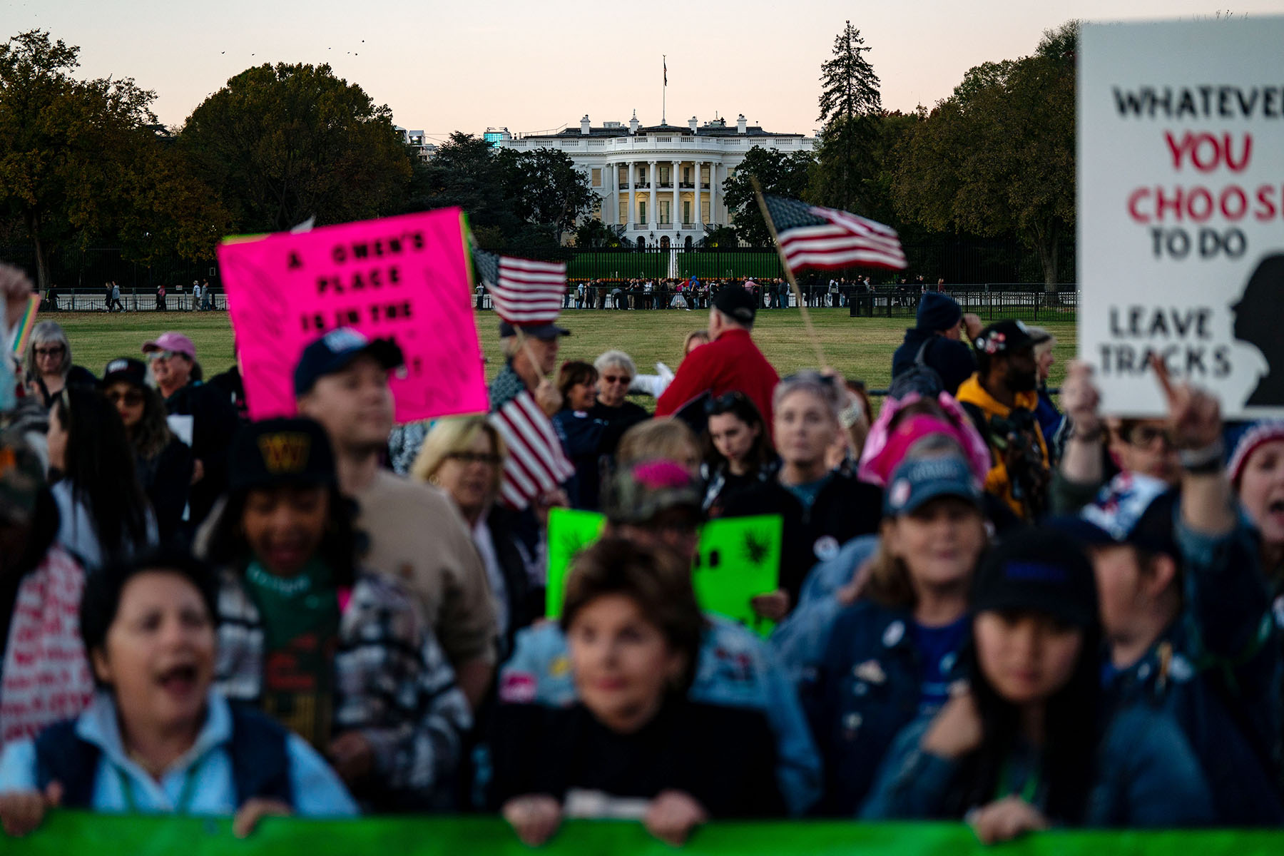 The White House is seen in the background as demonstrators gather at the Ellipse after The Women's March.