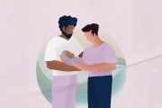 Illustration of two male parents holding a baby.