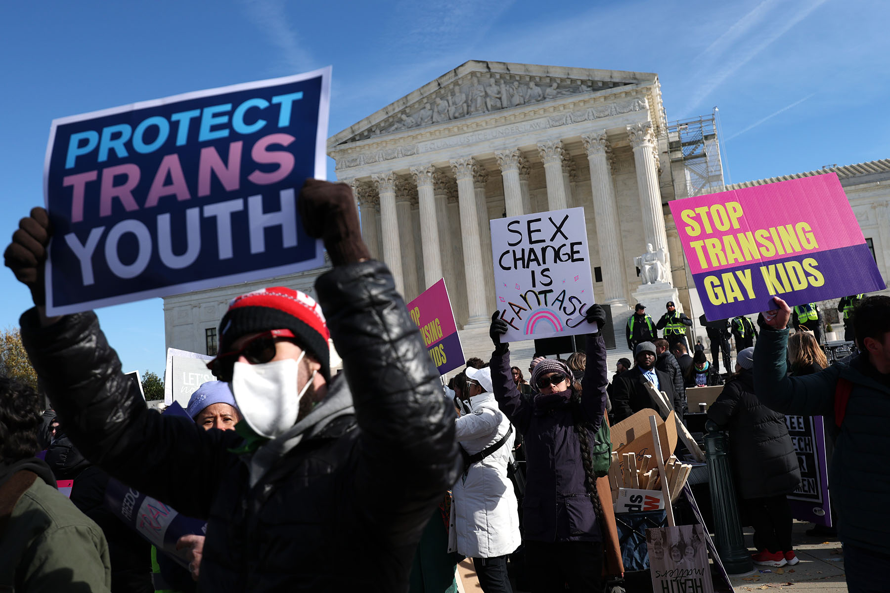 Transgender rights supporters and opponent rally outside of the Supreme Court.