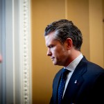 Pete Hegseth arrives for a meeting with Senate Minority Whip John Thune at the Capitol.