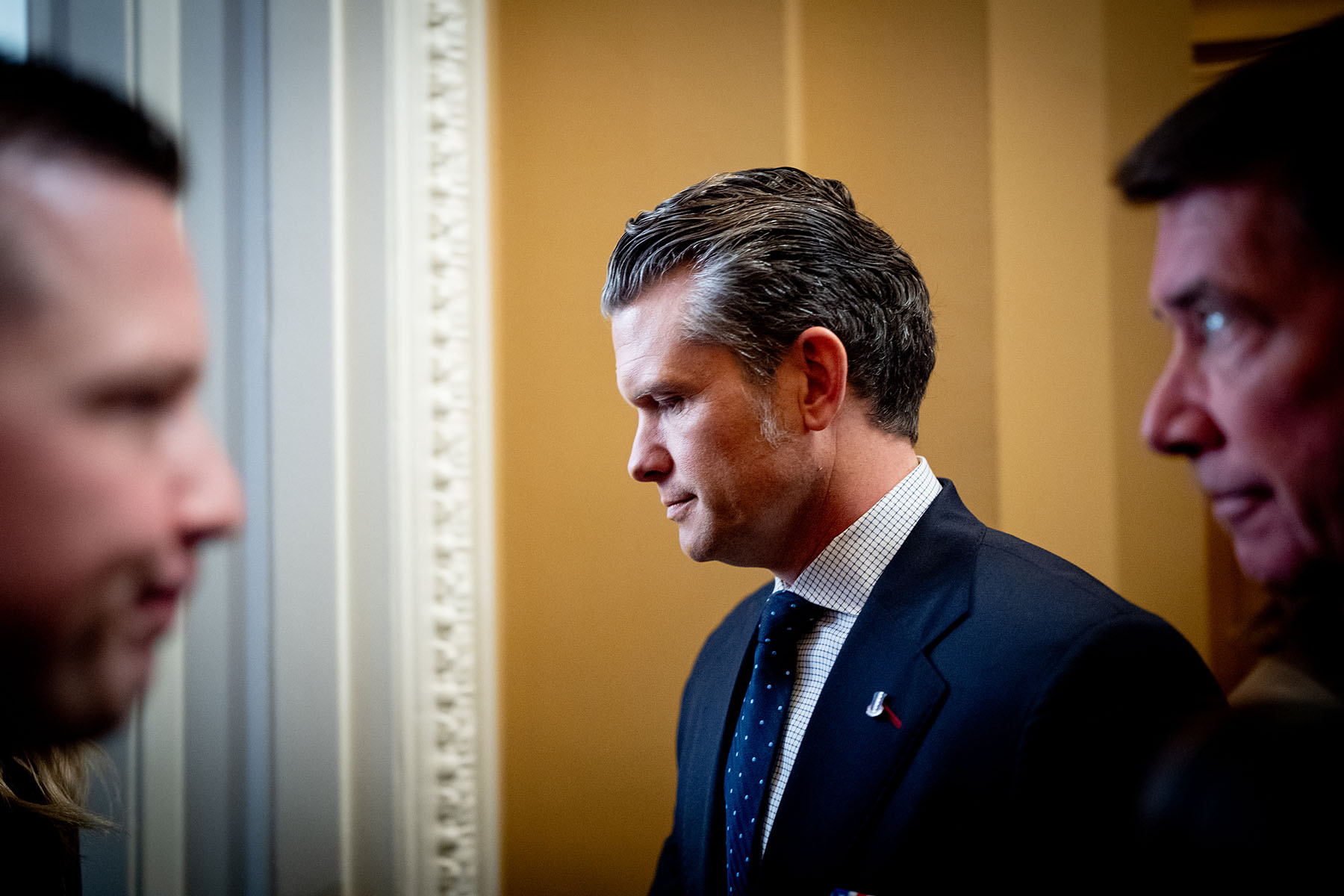 Pete Hegseth arrives for a meeting with Senate Minority Whip John Thune at the Capitol.