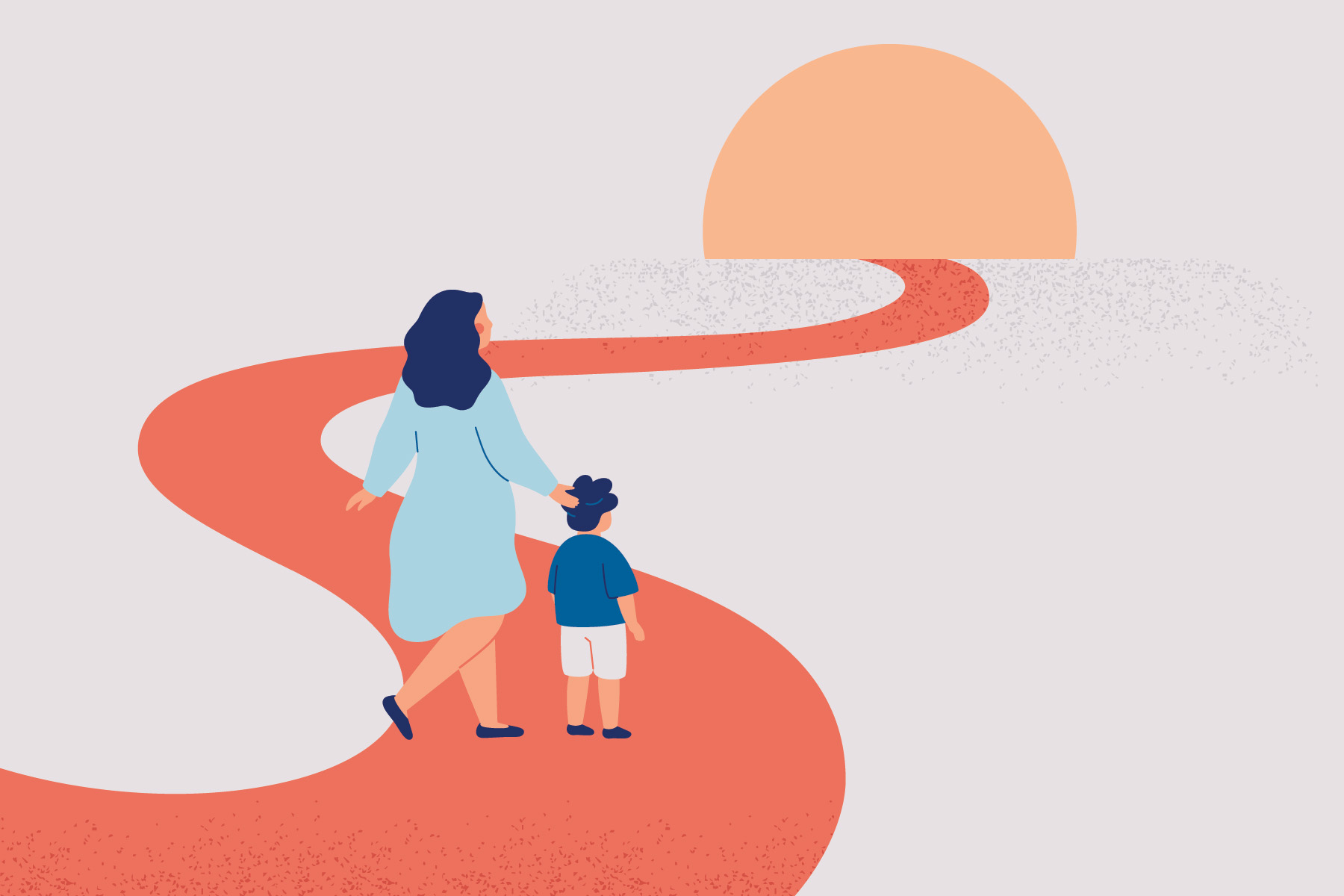 Illustration of a mother and child walking hand in hand along a winding coral-colored path towards an orange sun on the horizon. The mother wears a light blue dress, and the child wears a blue shirt and white shorts, set against a light gray background with subtle textures.