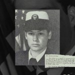 A collage featuring a vintage black-and-white military portrait of a woman in uniform, overlaid with an excerpt of a typewritten letter. The woman wears a peaked cap with an insignia and appears serious and composed. The letter, partially visible in the bottom-right corner, mentions concerns about an 