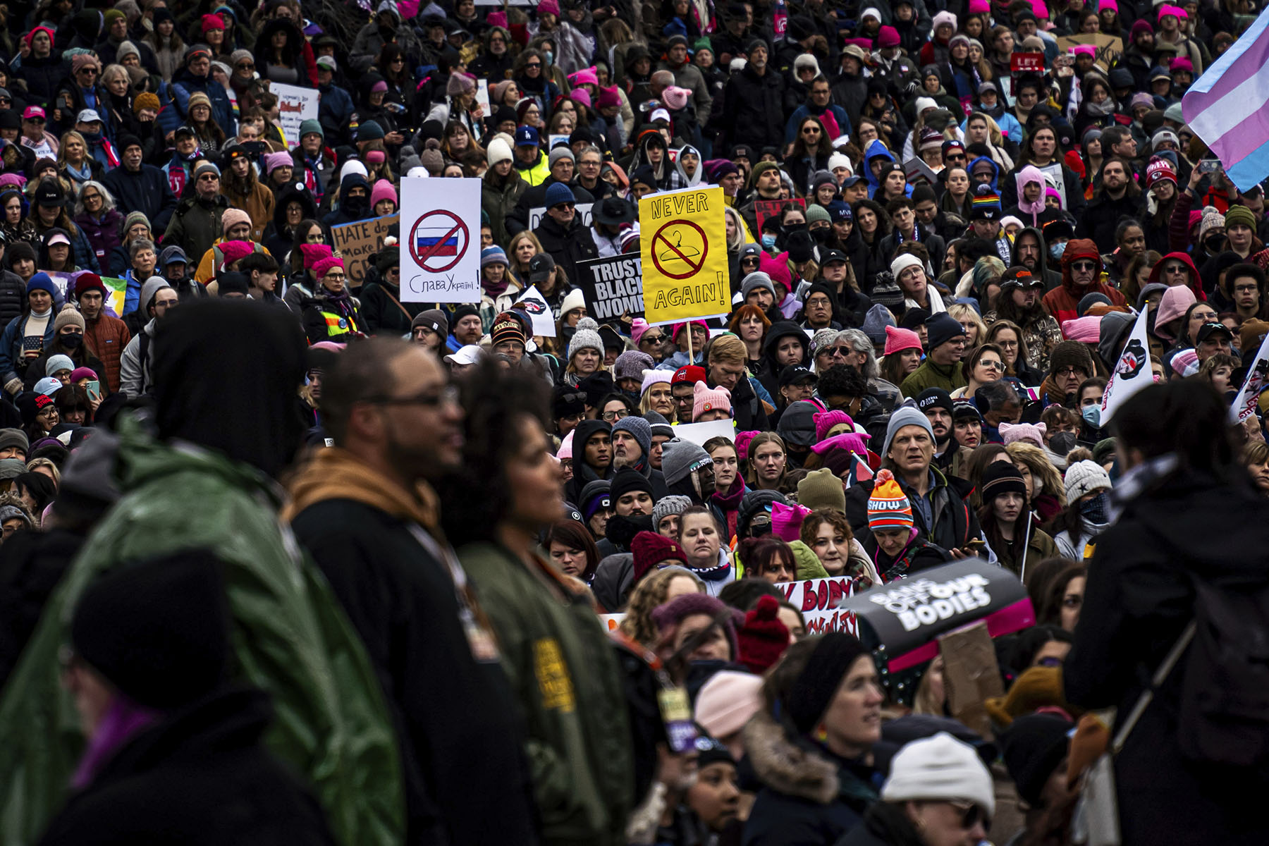 Demonstrators march during the People's March on January 18, 2025, in Washington, D.C.
