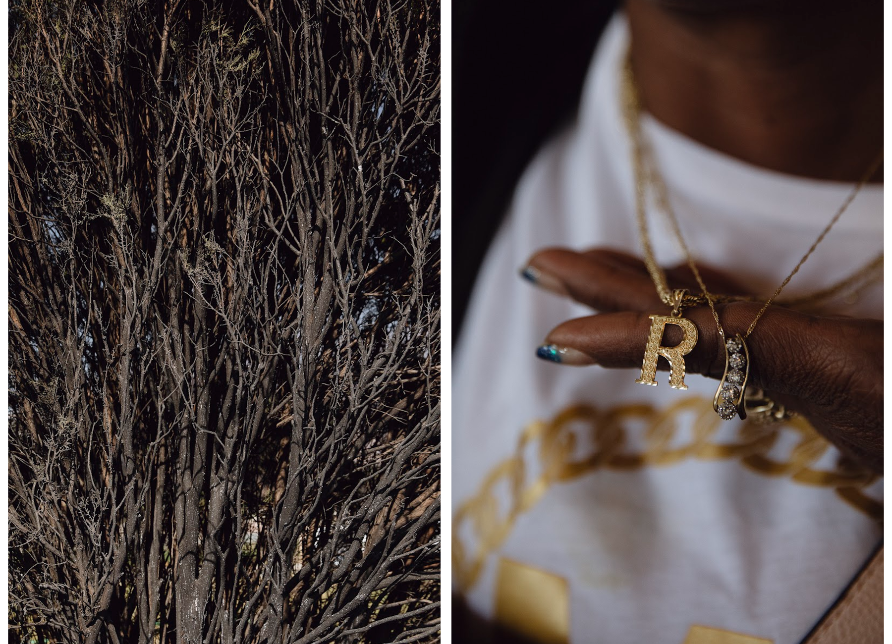 Left: The front yard tree, which Rose Hayes lovingly calls her Christmas tree, has turned completely black from the fire. Right: Rose Hayes holds two of her favorite necklaces, among the few belongings she has left after losing her home to the Eaton Canyon fire.