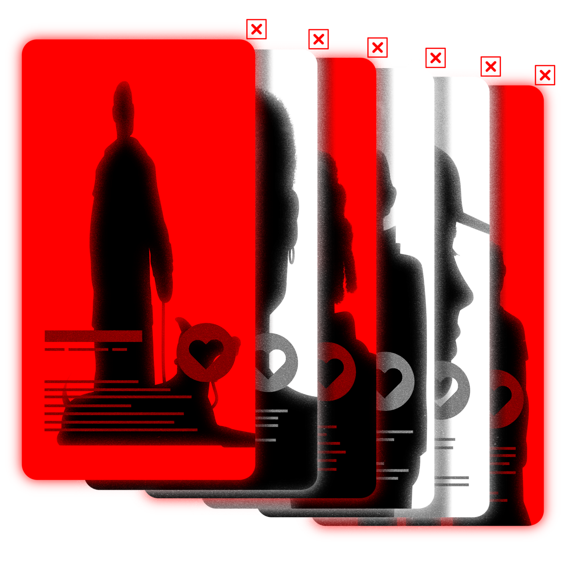 Illustration of an array of red and white dating profiles showing silhouettes of men