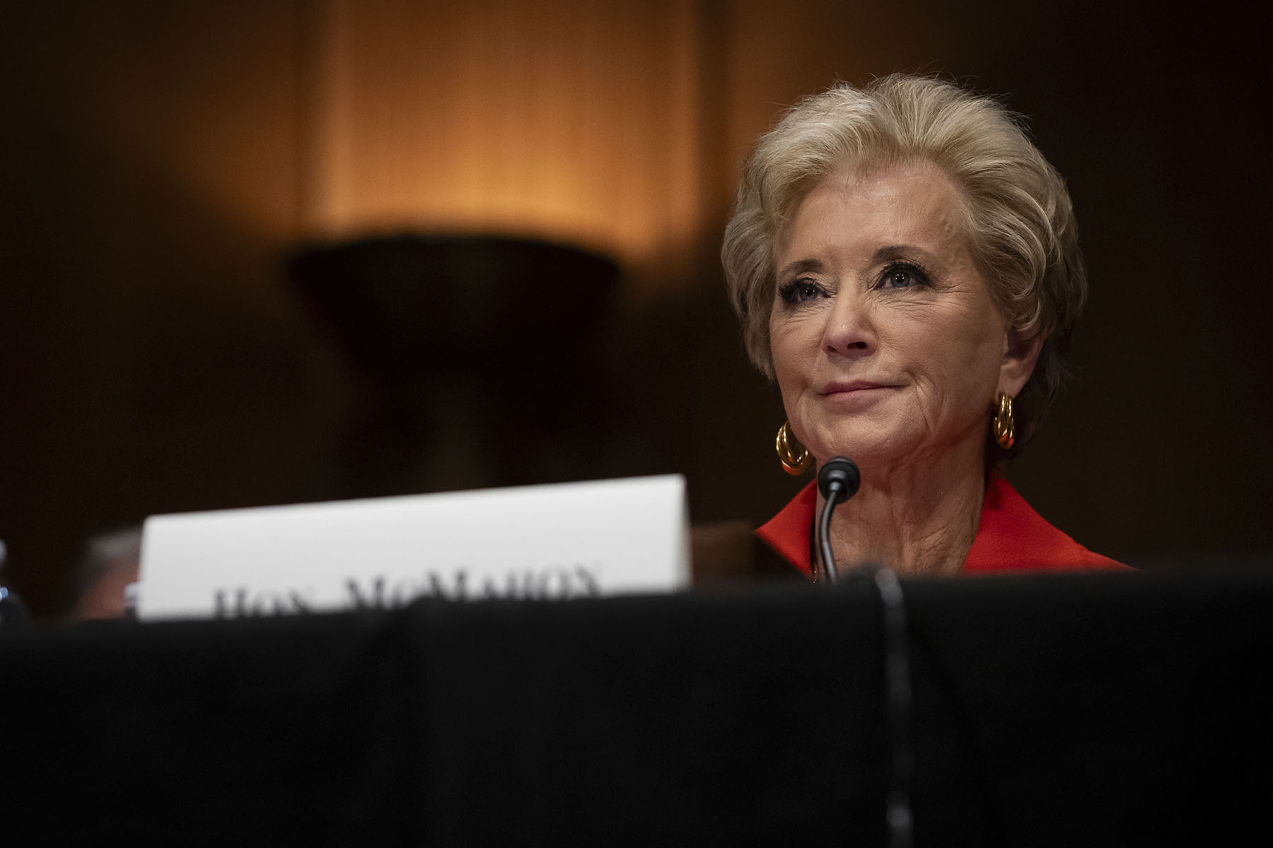 Linda McMahon answers questions from Senators during a confirmation hearing in Washington, D.C.