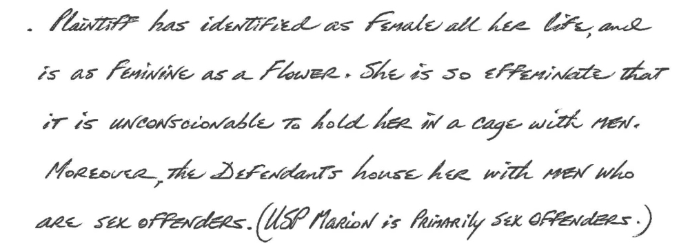 An excerpt of Cristina Iglesias’ 2019 lawsuit reads "plaintiff has identified as female all her life, and is as feminine as a flower. She is so effeminate that it is unconscionable to hold her in a cage with men. Moreover, the defendants house her with men who are sex offenders. (USP Marion is primarily sex offenders.)"