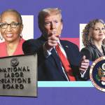 An illustrative image with a purple background featuring Donald Trump, the National Labor Relations Board logo and the Equal Employment Opportunity Commission logo.
