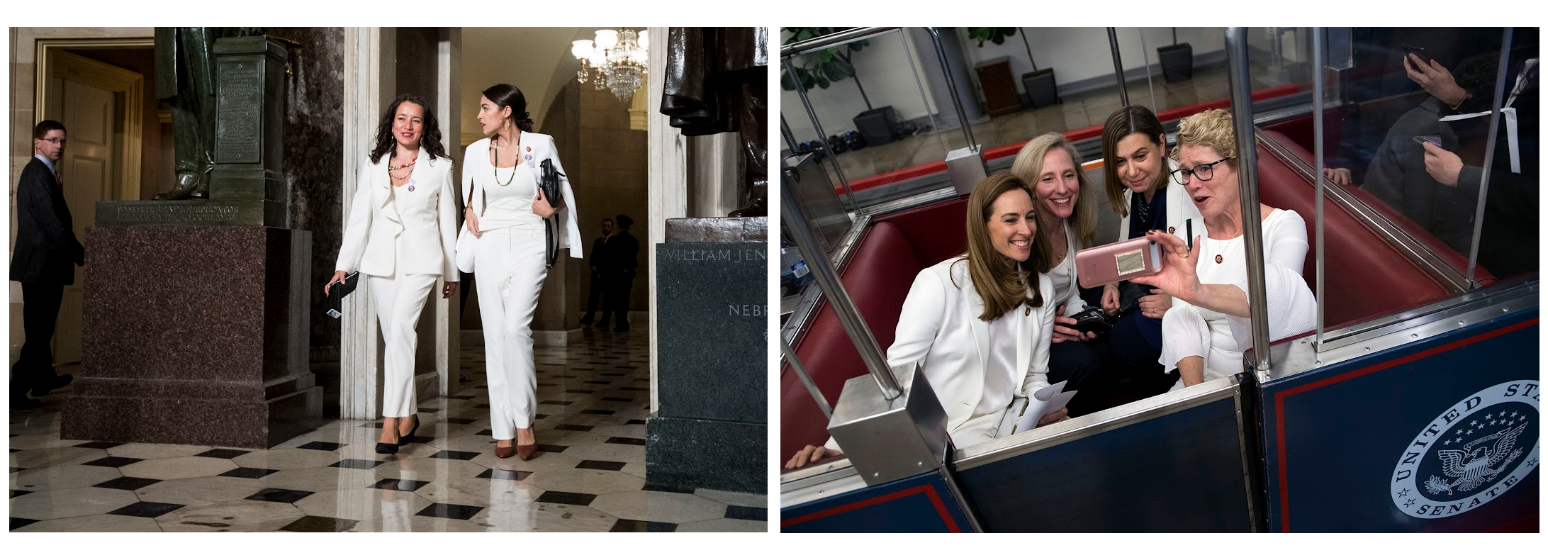 LEFT: Rep. Alexandria Ocasio-Cortez walks with her State of the Union guest Ana Maria Archila before Presiden Trump's State of the Union address, on February 5, 2019. RIGHT: Reps. Mikie Sherrill, Abigail Spanberger, Elissa Slotkin, and Chrissy Houlahan, ride to Russell Building on February 5, 2019.