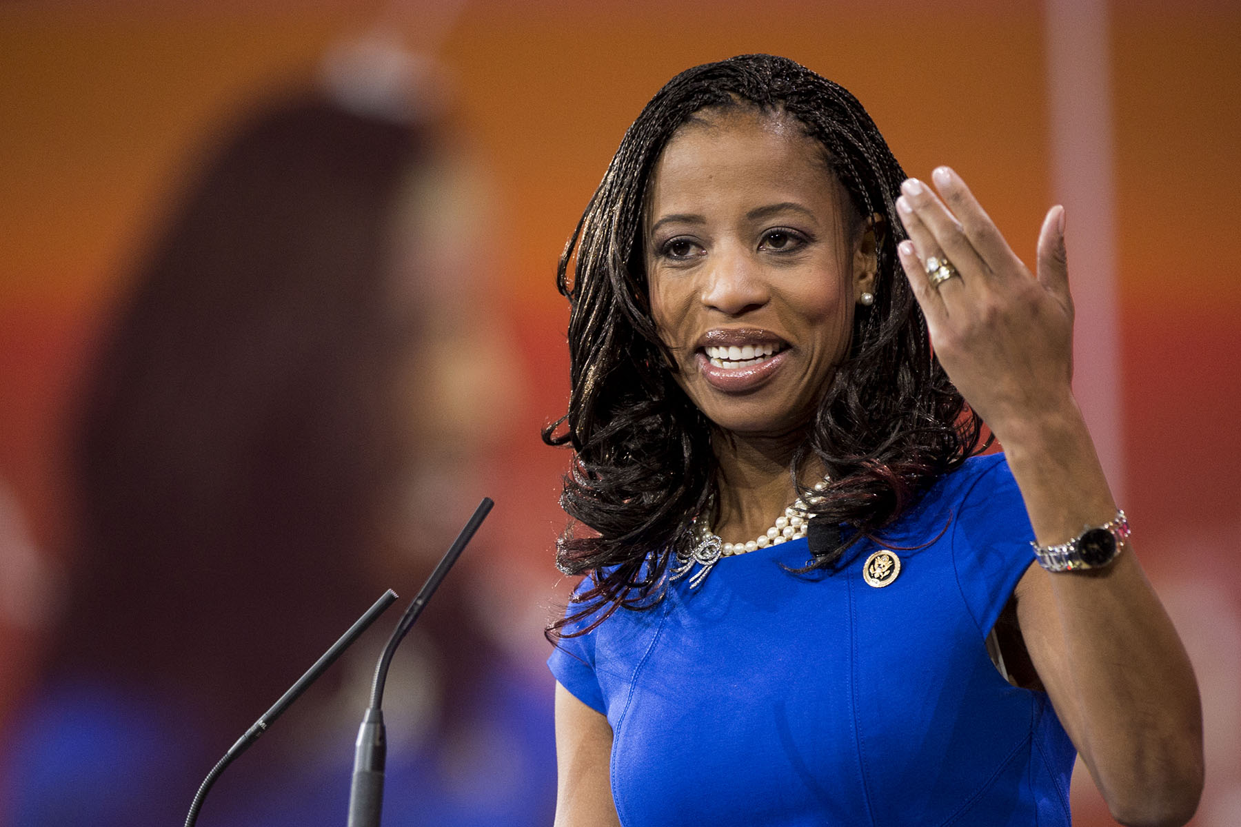 Mia Love speaks to the crowd at CPAC in National Harbor, Maryland.
