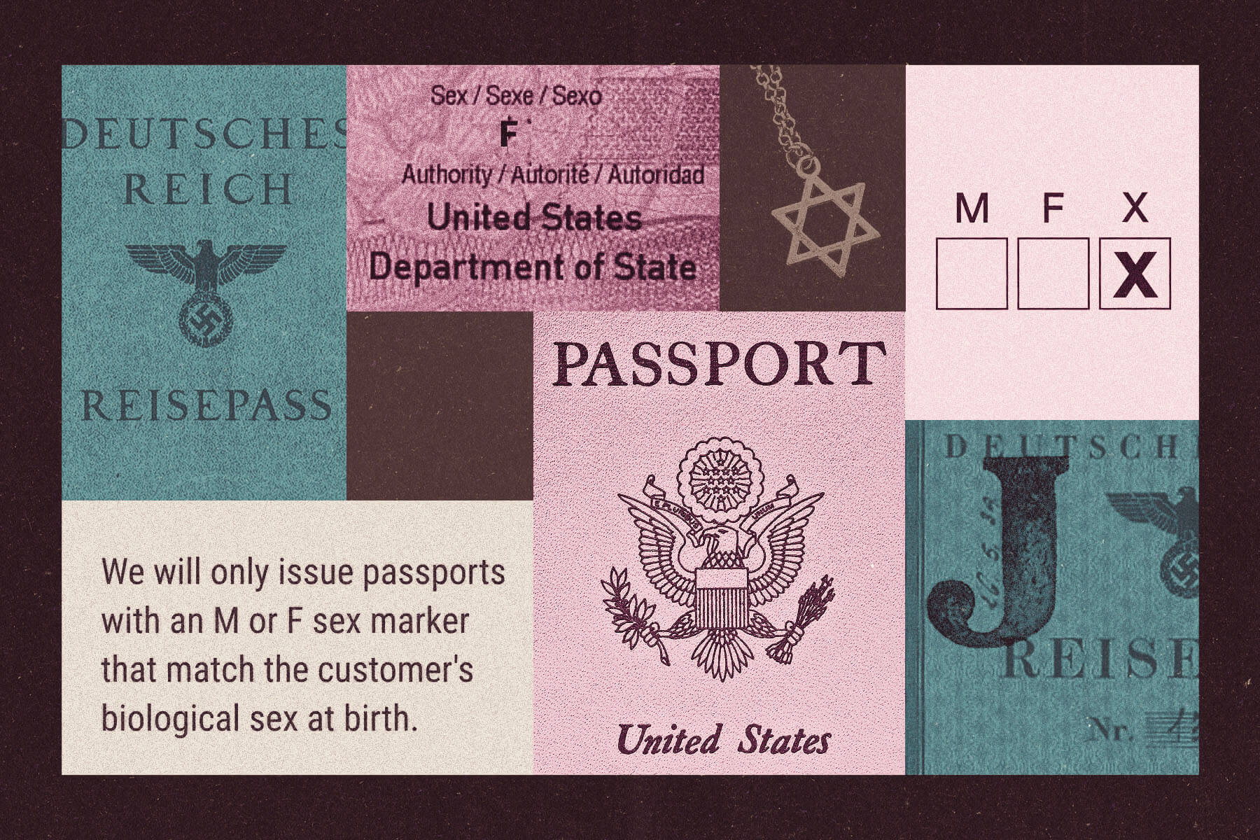 A collage depicting passports and gender markers, illustrating the parallels between European history and this moment in American history.