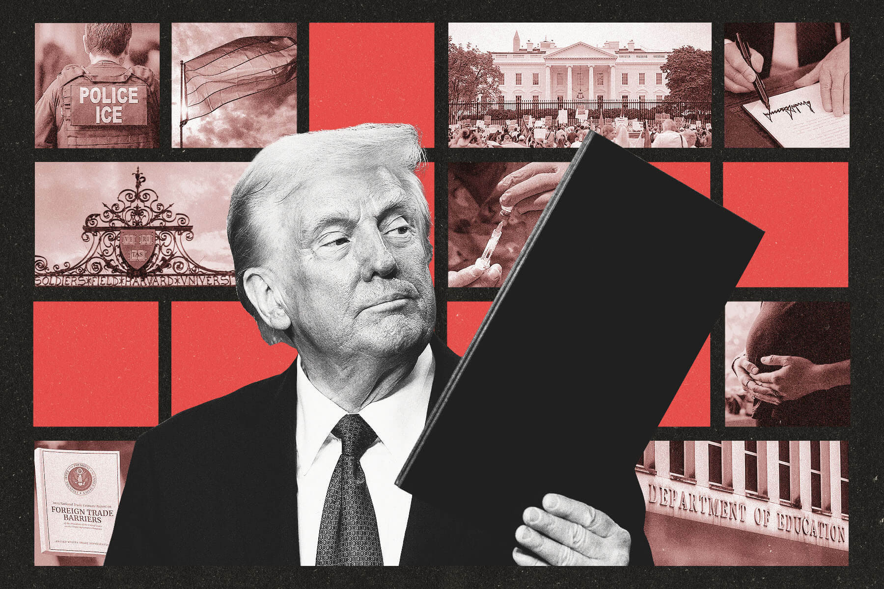 A collage featuring former President Donald Trump holding an executive order. Behind him are red and black squares filled with images representing policy areas: an ICE officer, a pride flag, the White House, Harvard’s gate, a person injecting medicine, a pregnant belly, the Department of Education building.