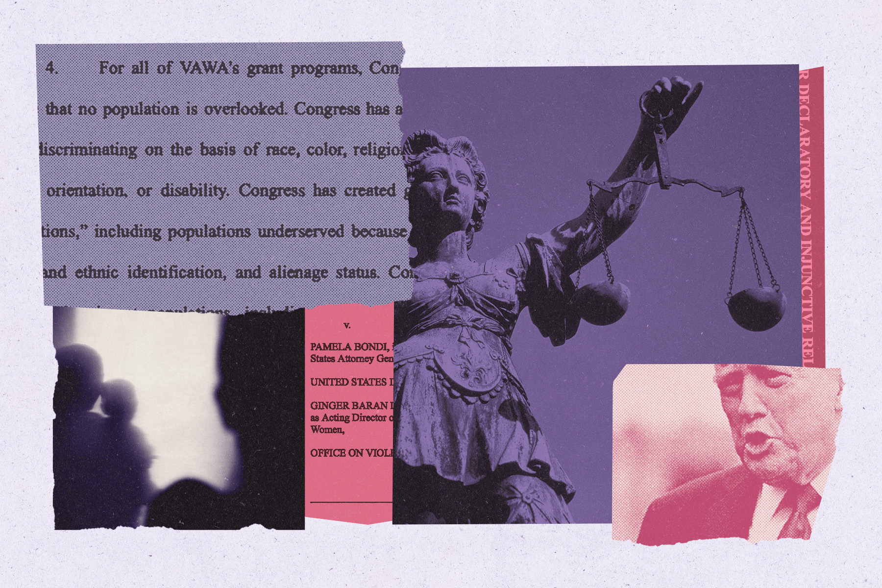 a collage-style illustration featuring torn paper elements: a section of legal text about vawa grant programs, a black-and-white silhouette of a mother and child, a purple-toned statue of lady justice holding scales, a pink-tinted image of donald trump speaking.