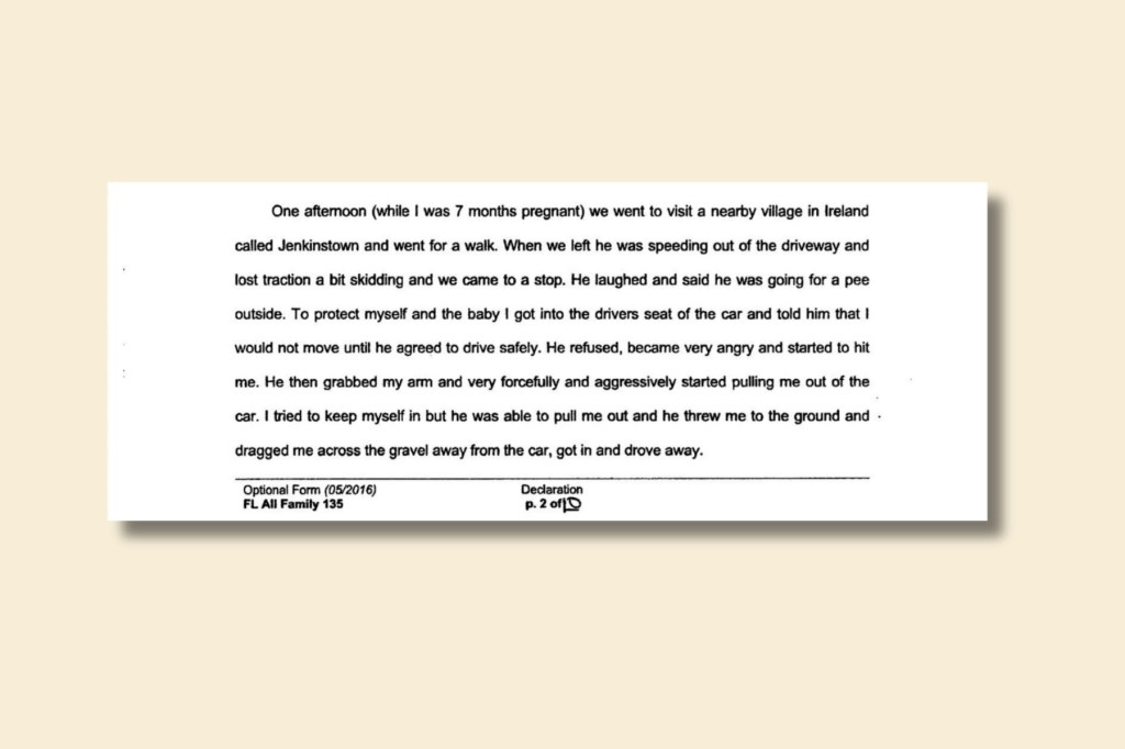 A cropped image of a court declaration describing an incident in which a woman was physically assaulted while seven months pregnant.
