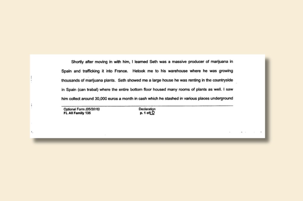 A cropped image of a court document describing a man’s alleged large-scale marijuana production and trafficking between Spain and France.