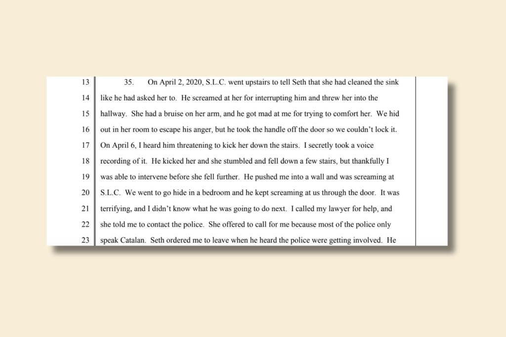 A cropped image of a court document describing threats and physical violence, including details of a woman and child hiding from an abuser.