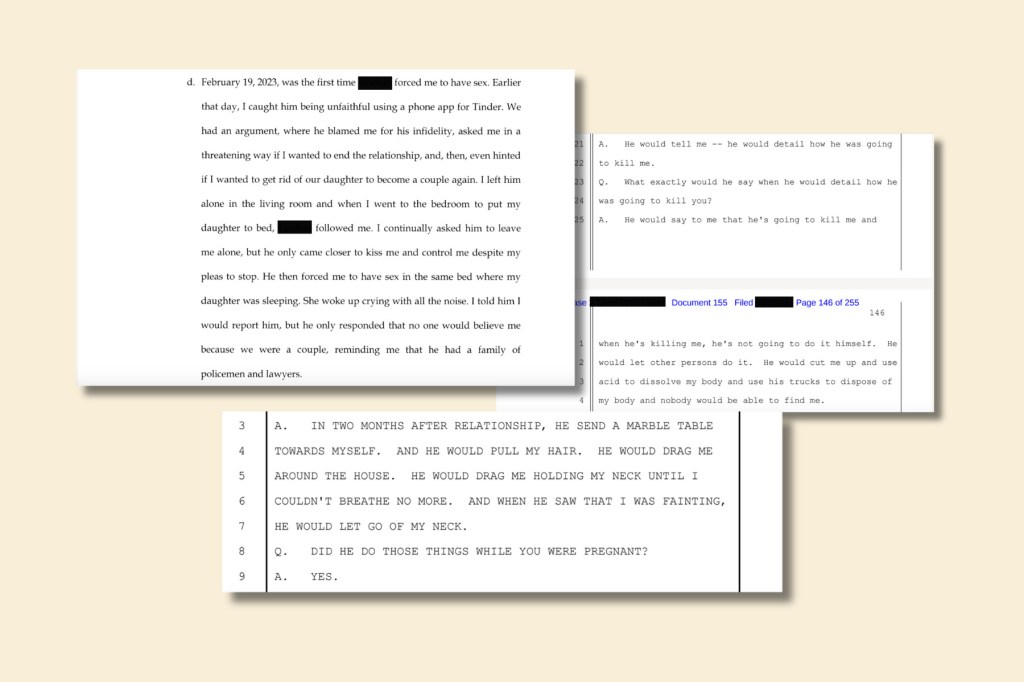 A collage of court documents and declarations showing allegations of abuse from three mothers involved in Hague Convention cases.
