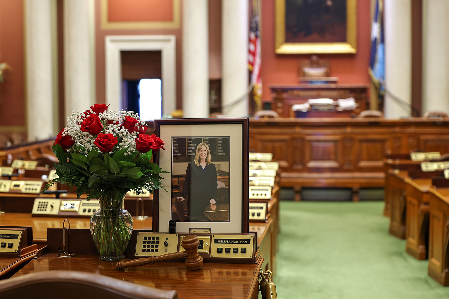 A memorial is seen on the desk of DFL State Rep. Melissa Hortman in the House chambers at the Minnesota State Capitol.