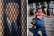 Left: A banner of President Donald Trump is seen through 8-foot-tall security fencing in Washington, D.C. Right: A protester shouts towards a line of California National Guard in downtown Los Angeles.
