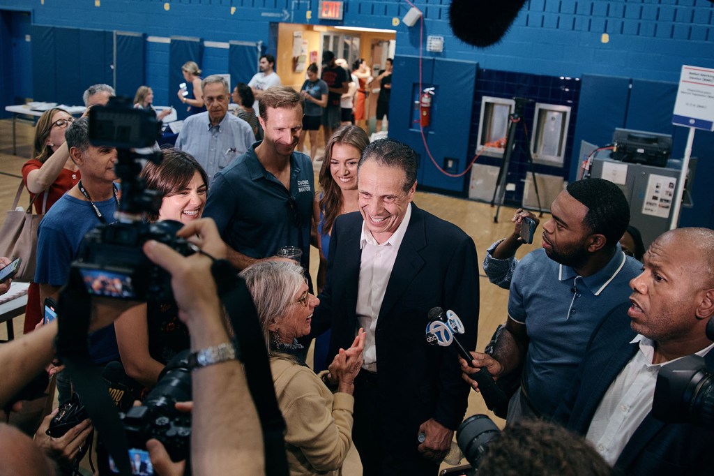 New York mayoral candidate, Andrew Cuomo, speaks to the media as he arrives to vote in the Democratic primary at the High School of Art and Design.