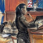 Court sketch of Defense attorney Nicole Westmoreland (center) cross examines Dawn Richard as Sean 