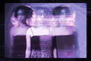 A digitally manipulated portrait of a young woman with short curly hair in a dark tank top, shown in three ghostly exposures side by side.