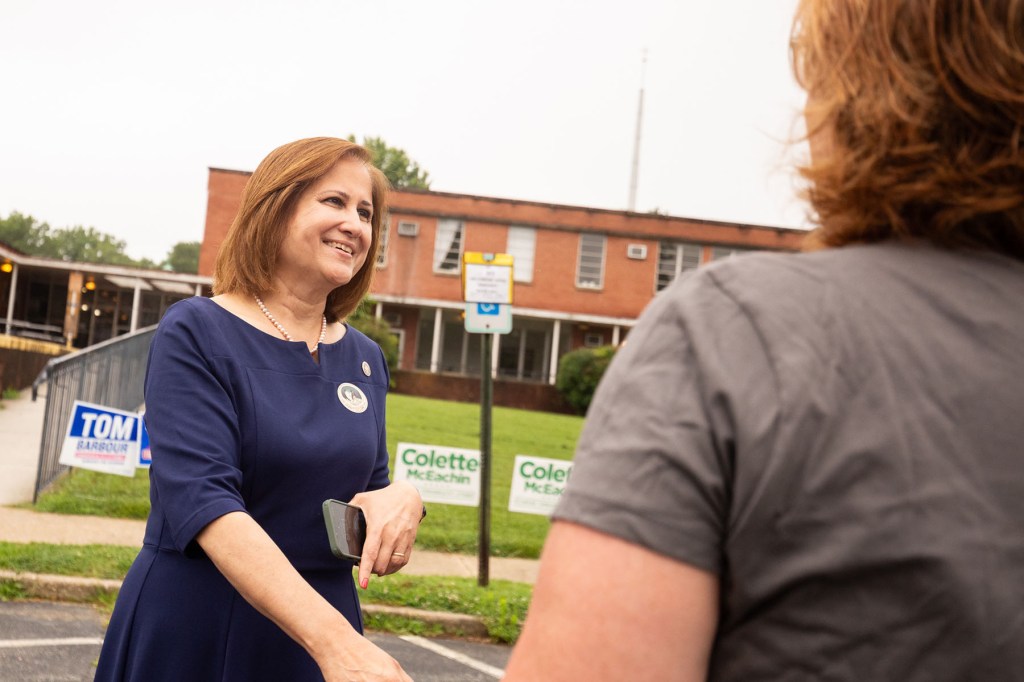 Ghazala Hashmi, Virginia State Senator and Democratic candidate for Lieutenant Governor meets voters at the MAPS Global polling place.