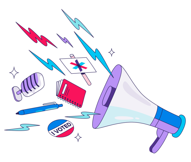 Illustration of a notebook, a pen, a microphone, a picket sign and an "I voted" sticker emerging from a large megaphone.