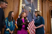 House Speaker Nancy Pelosi (right) holds a swearing-in ceremony for Rep. Melanie Stansbury, (center) at the Capitol.