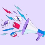 Illustration of a notebook, a pen, a microphone, a picket sign and an 