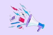 Illustration of a notebook, a pen, a microphone, a picket sign and an 