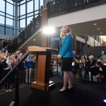 Democratic gubernatorial candidate Abigail Spanberger addresses a crowd at a rally at her alma mater, J.R. Tucker High School, in Henrico, Virginia.