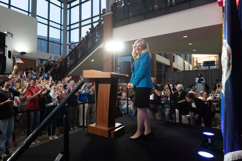 Democratic gubernatorial candidate Abigail Spanberger addresses a crowd at a rally at her alma mater, J.R. Tucker High School, in Henrico, Virginia.